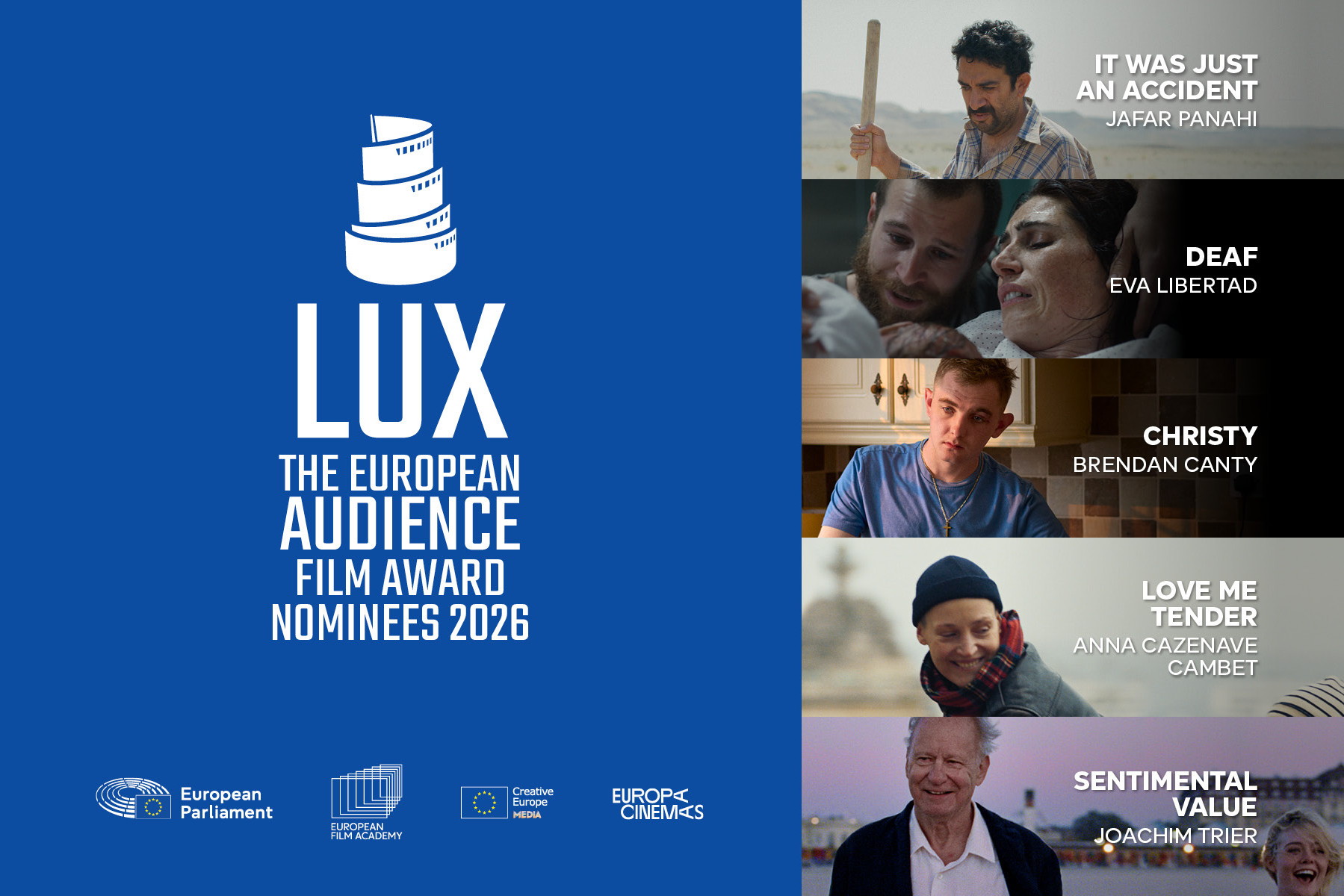 Foto/illustrasjon. Lux the European audience film award nominees 2026. Logoer. Bilder fra de nominerte filmene.
