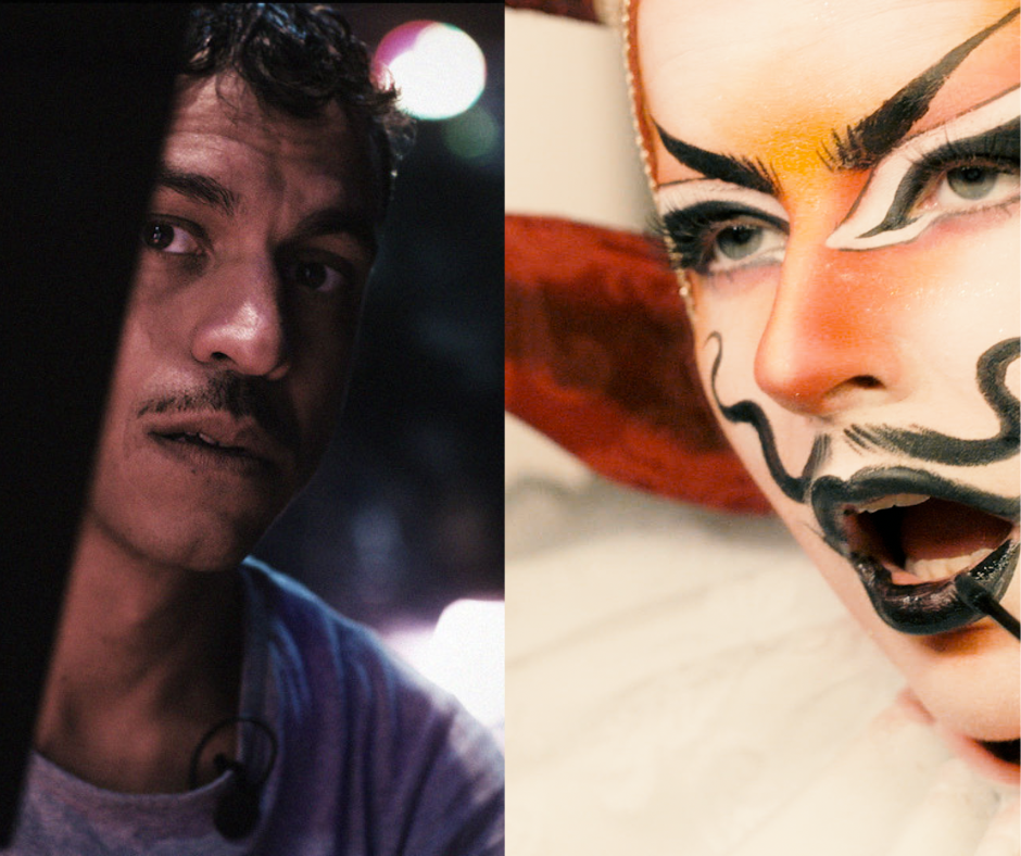 Foto. To bilder satt sammen. Portrett av artisten Timbuktu. Dragking som sminker seg.