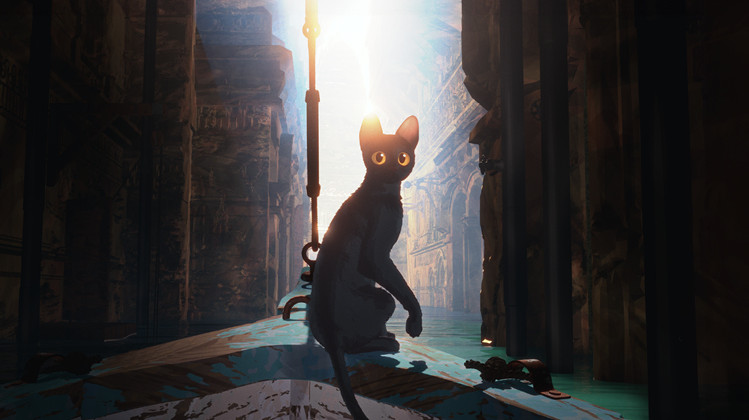 Illustrasjon. En svart katt sitter på ripa til en båt.