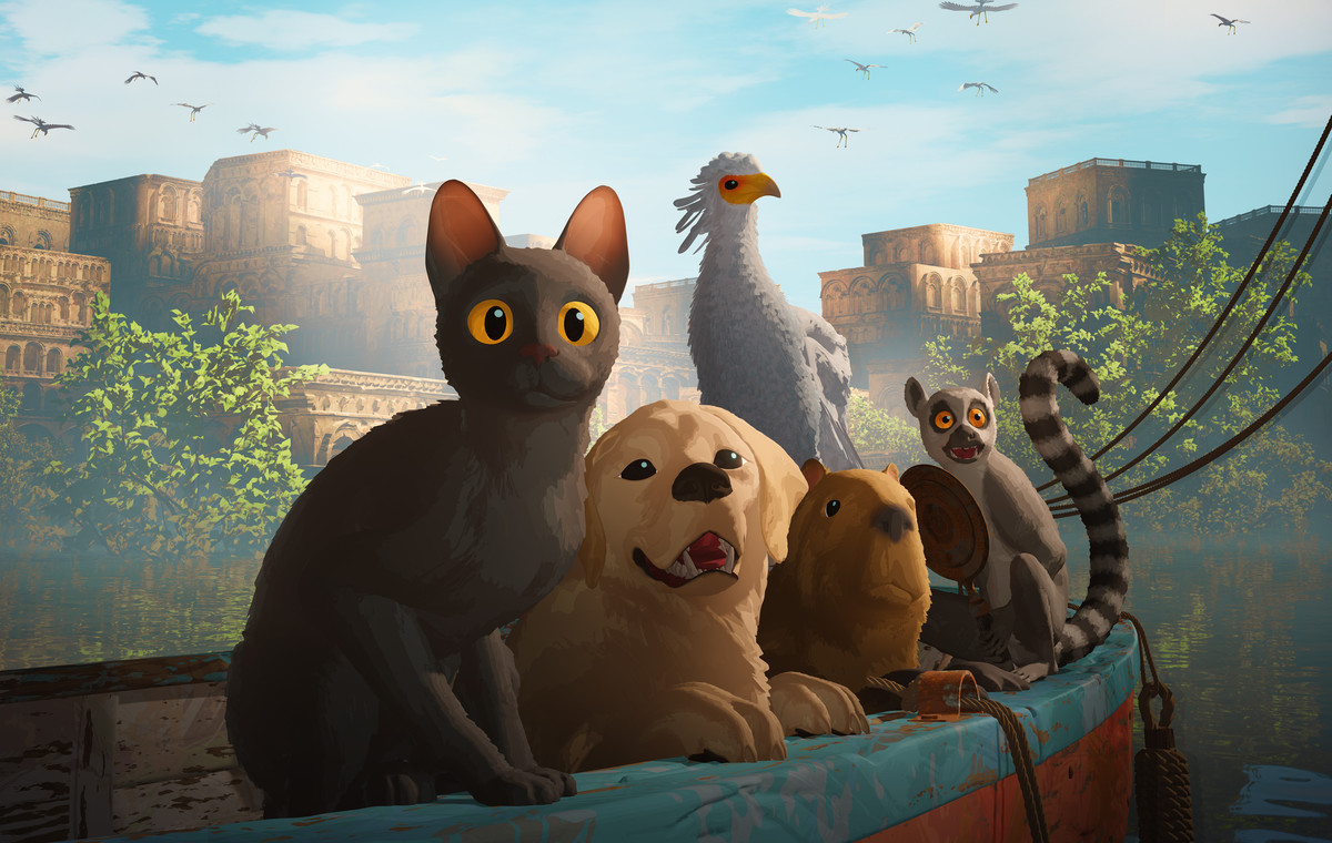Illustrasjon. En katt, en hund, et foldsvin, en lemur og en stor hvit fugl på en båt. I bakgrunnen skimtes en by og noen trær.