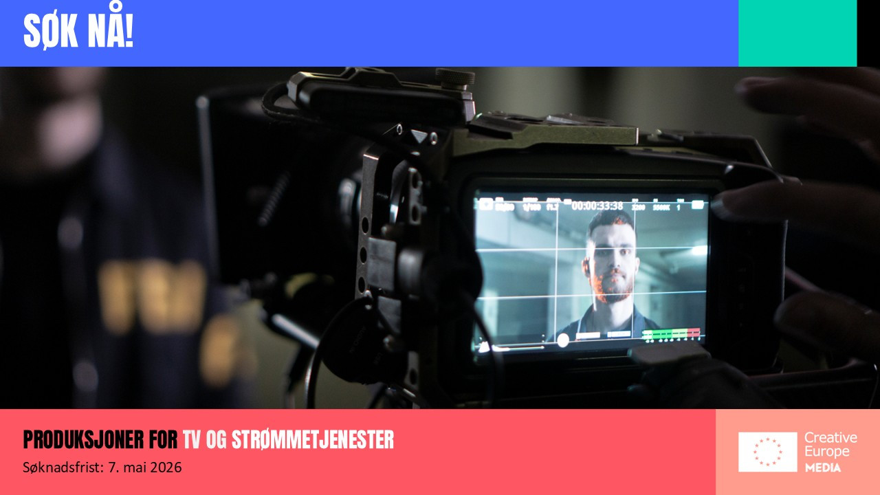 Foto/illustrasjon. Et display på et kamera viser en mann. Søk nå! Produksjoner for TV og strømmetjenester. Søknadsfrist: 7. mai 2026.