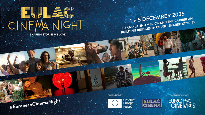 Foto/illustrasjon. Bilder fra flere filmer. EULAC Cinema Night. Sharing stories we love. 1-5 december 2025. EU and Latin America and the Caribbean: Building Bridges Through Shared Stories. Logoer.