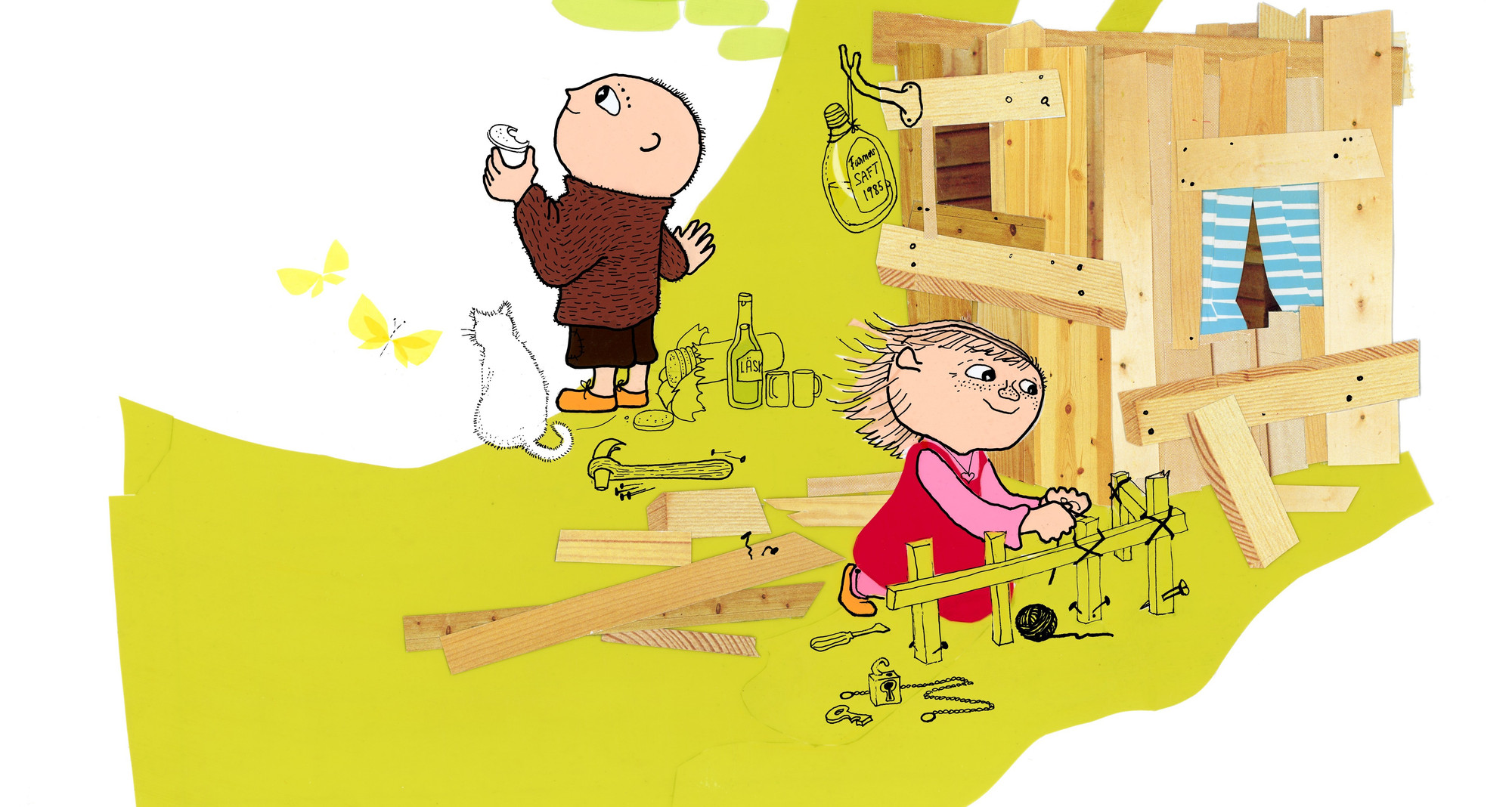 llustrasjon. Albert Åberg og Milla bygger hytte av planker.