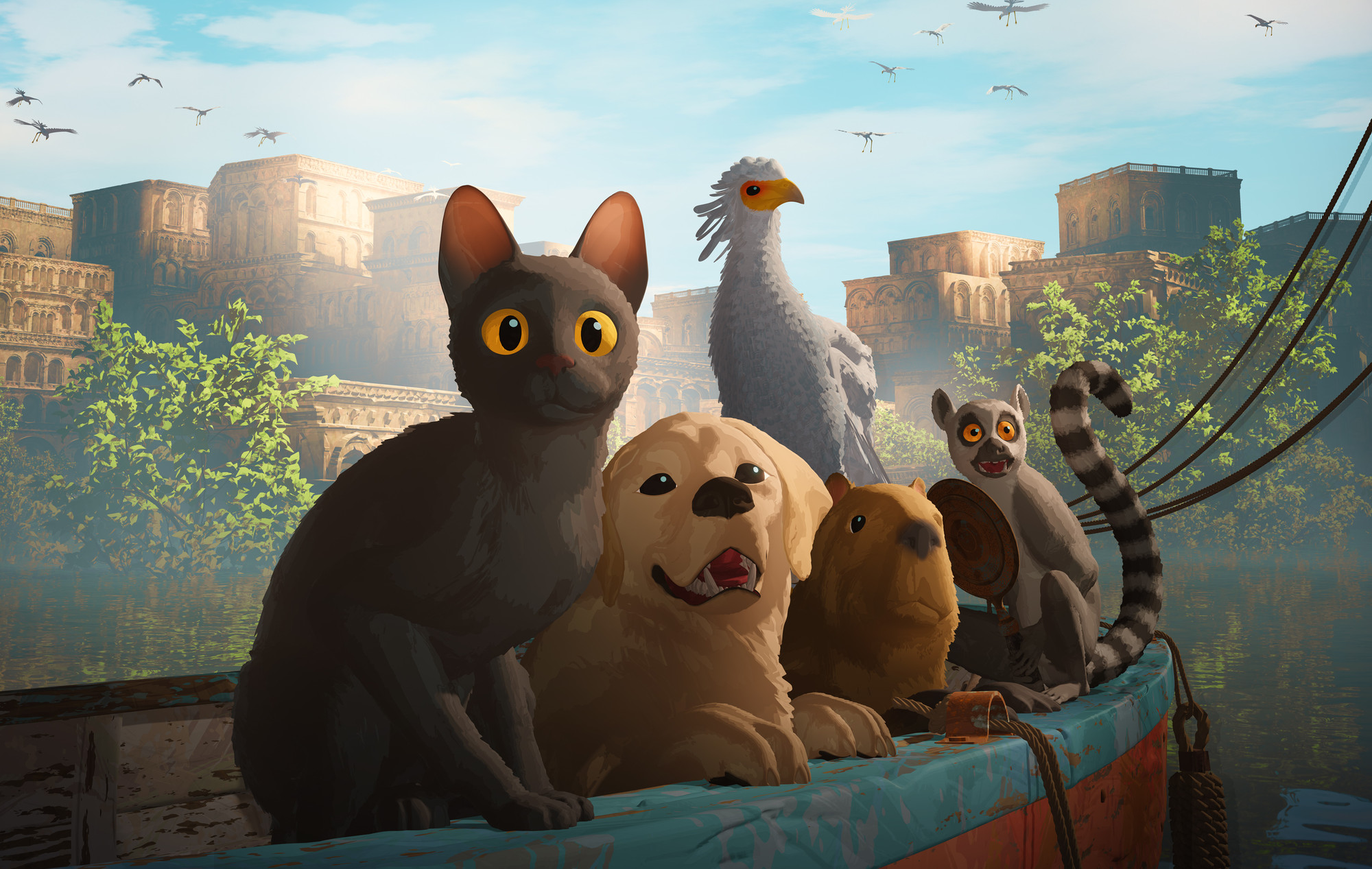 Illustrasjon. En katt, en hund, et foldsvin, en lemur og en stor hvit fugl på en båt. I bakgrunnen skimtes en by og noen trær.