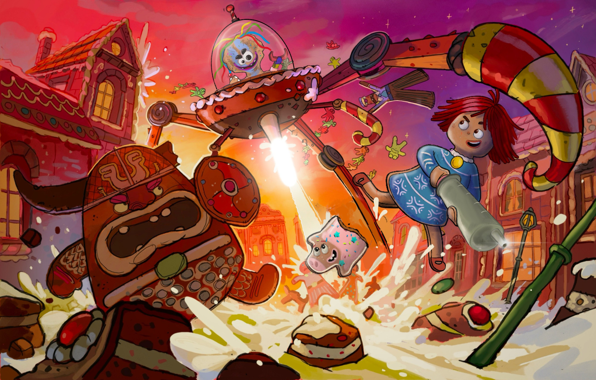 Illustrasjon. Actionfylt scene fra pepperkakebyen.