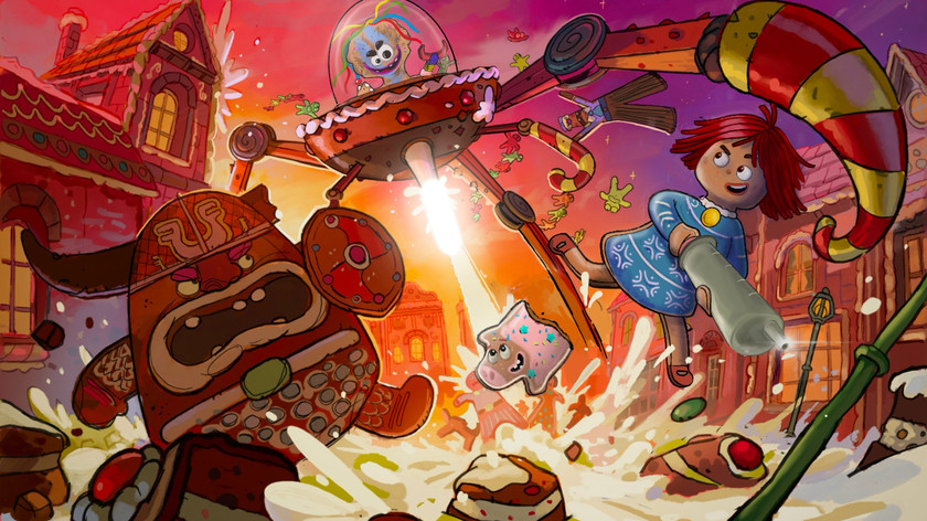 Illustrasjon. Actionfylt scene fra pepperkakebyen.