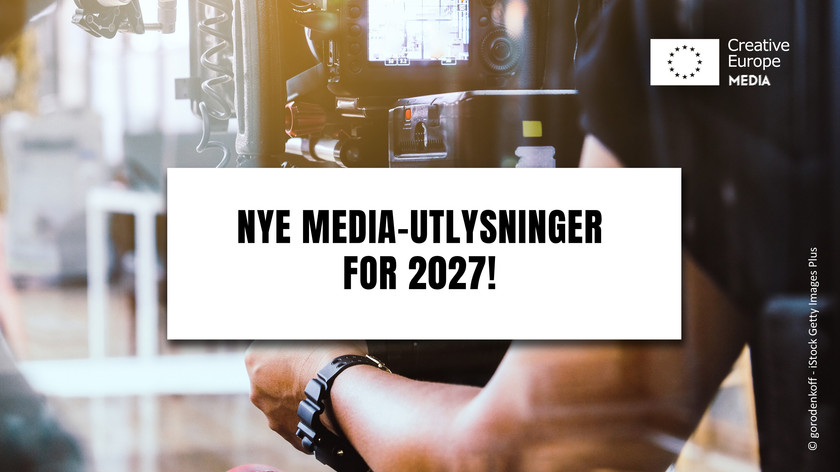 Foto/illustrasjon. En person bak et filmkamera som gjør opptak. Creative Europe MEDIAs logo. Nye MEDIA-utlysninger for 2027!