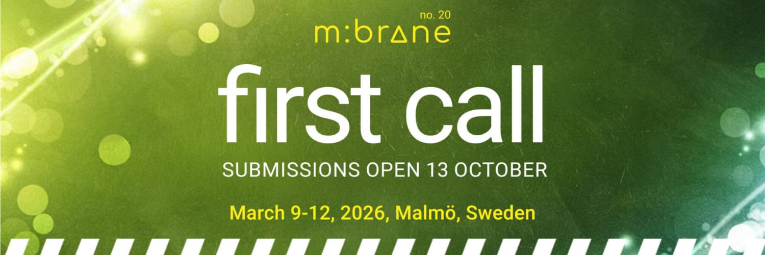 Illustrasjon. m:brane no. 20. first call. submissions open 13 october. march 9-12, 2026, Malmö, Sweden.