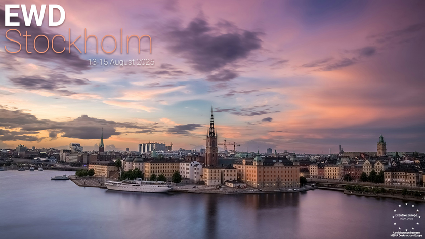 Foto. Bilde av Stockholm i rosa solnedgang.