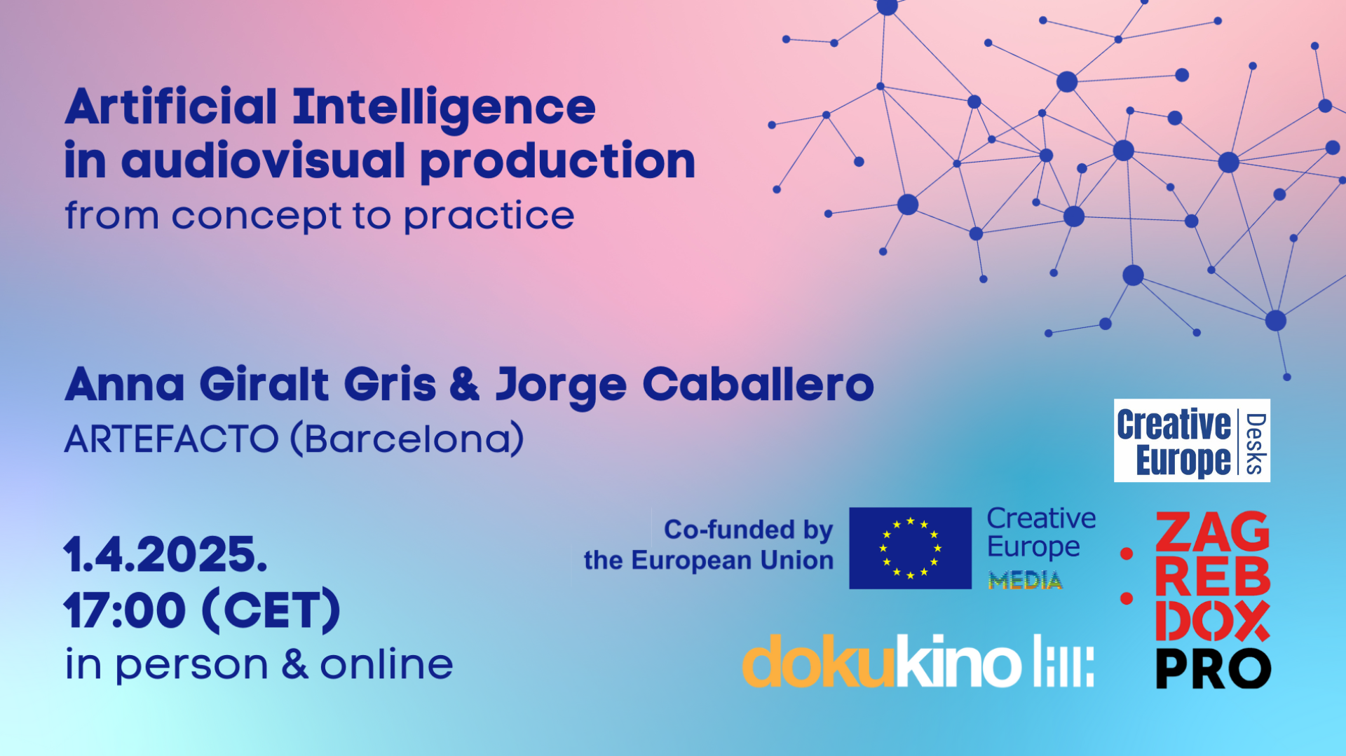 Illustrasjon. Artificial Intelligence in Audiovisual Production: From Concept to Practice. Anna Giralt Gris & Jorge Caballero Artefacto (Barcelona). 1.4.2025 17:00 (CET) in person & online. Logoer.