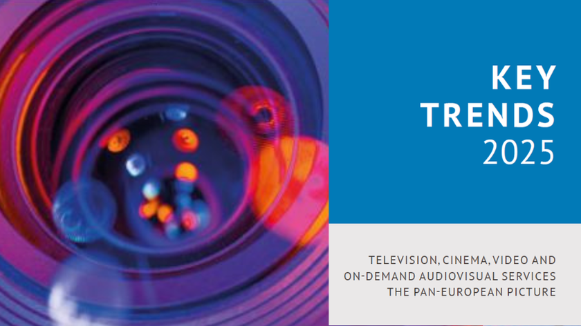 Foto/illustrasjon. En kameralinse med fargerike lys. Key Trends 2025.  Television, Cinema, Video on-demand, Audiovisual services – the Pan-European Picture.