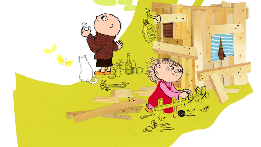 llustrasjon. Albert Åberg og Milla bygger hytte av planker.