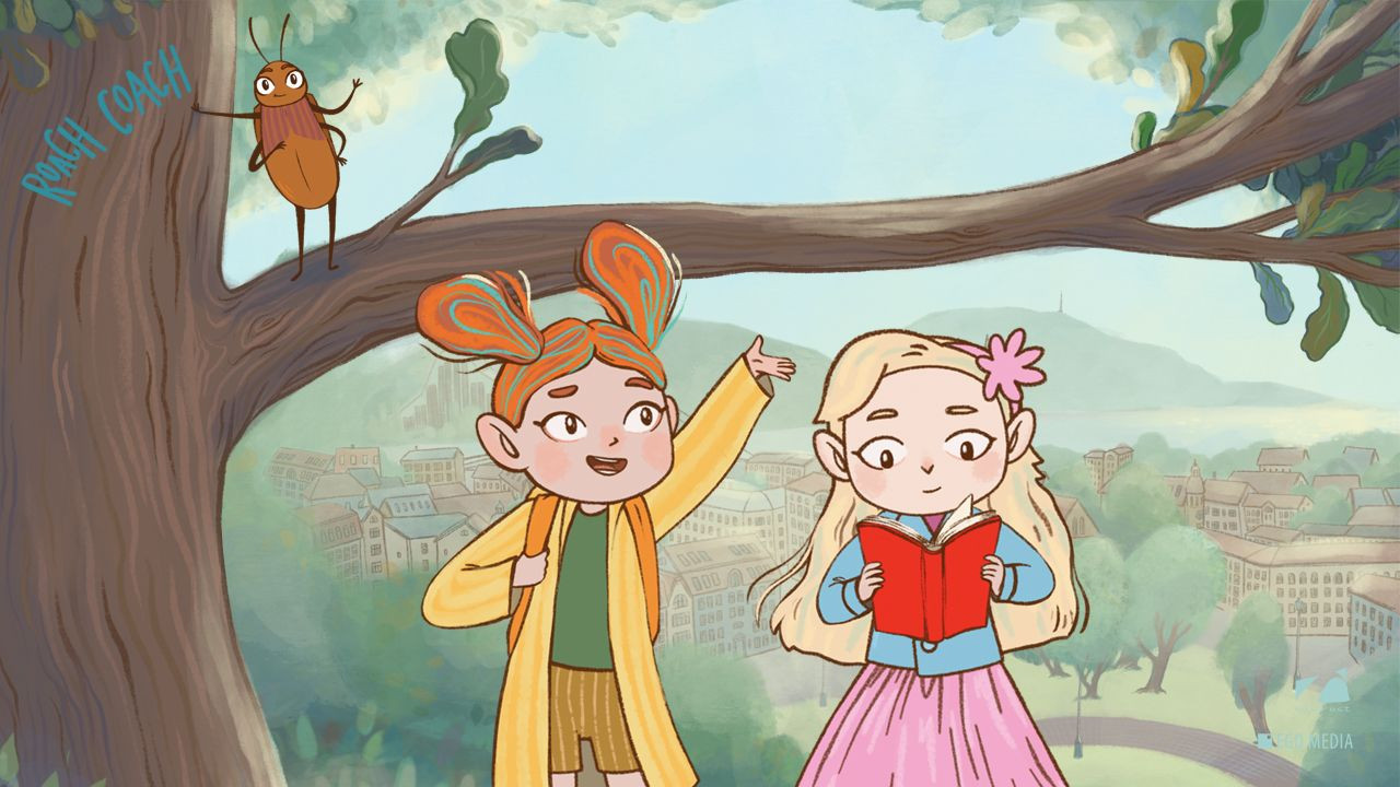 Illustrasjon. To jenter. Den ene har rødt hår og gul jakke, den andre er blond og leser i en bok. I et tre står en kakerlakk.